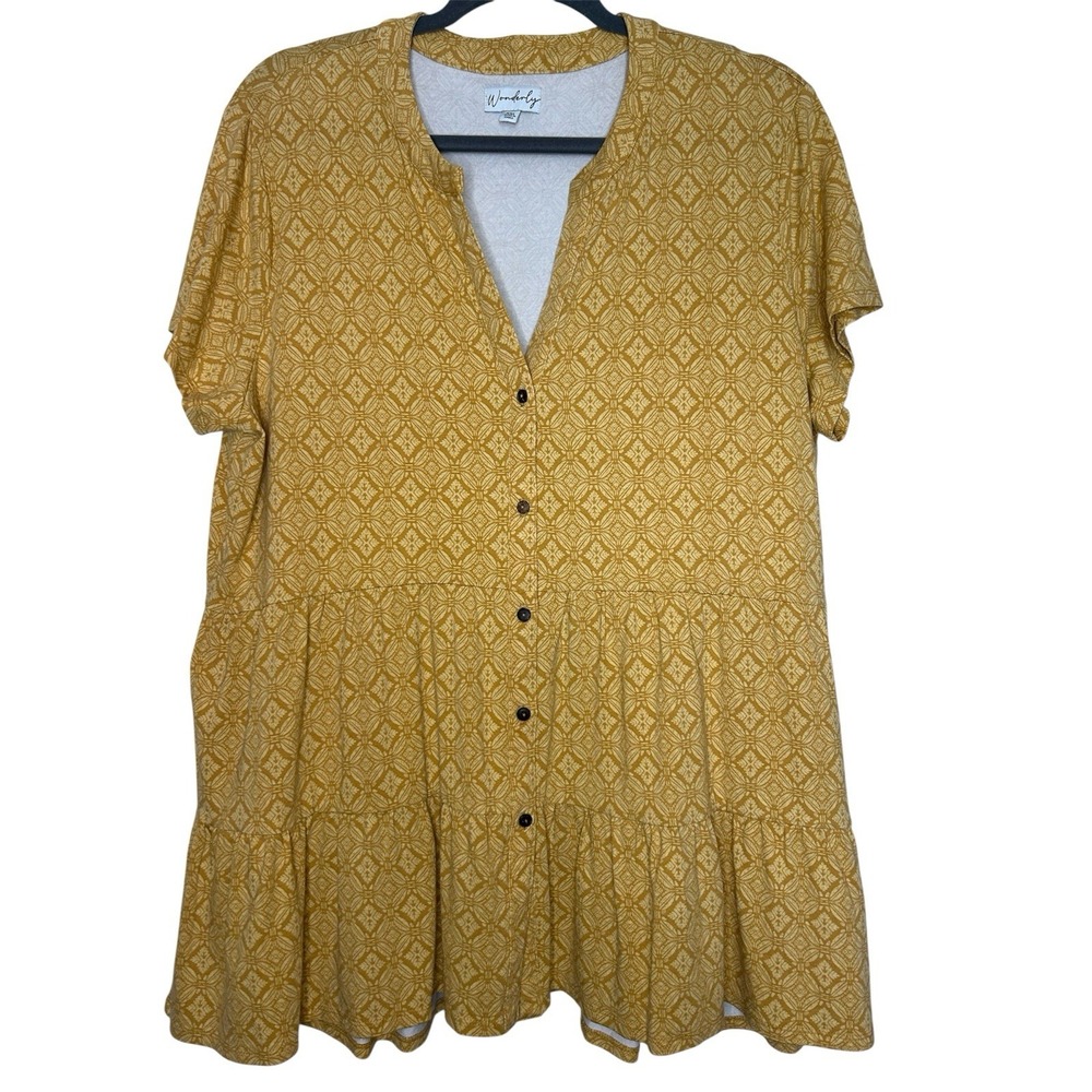 Wonderly Women XXL Short Sleeve Julianna Crepe Button Down Tunic Yellow V Neck